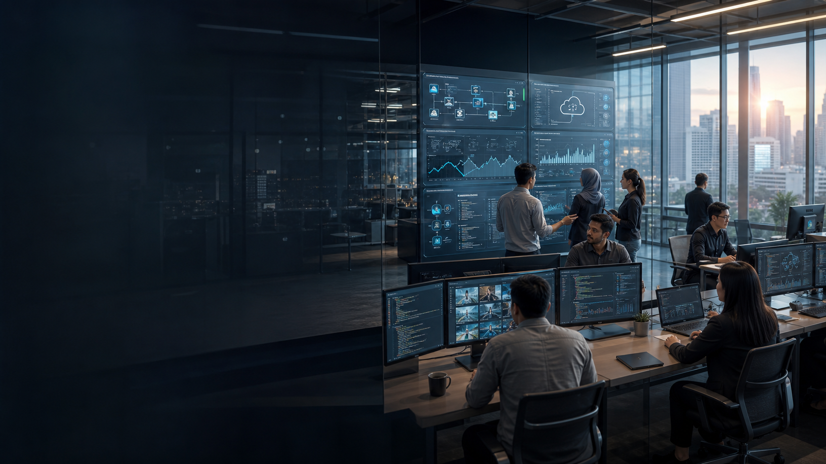 Technology team working with analytics, cloud architecture, and broadcast operations dashboards